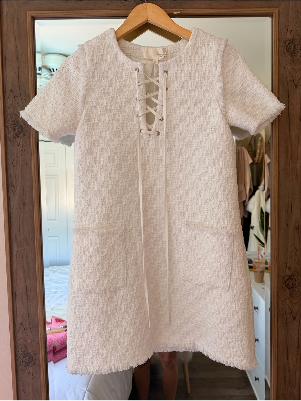 J. O. A. Los Angelos White Textured Lace-Up A-Line Dress with Patch Pockets